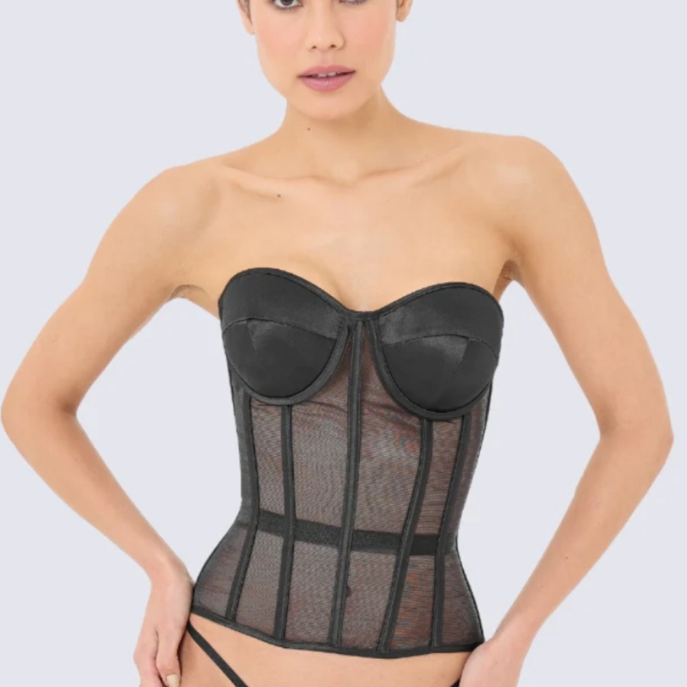 Strapless Black Mesh Longline Bustier